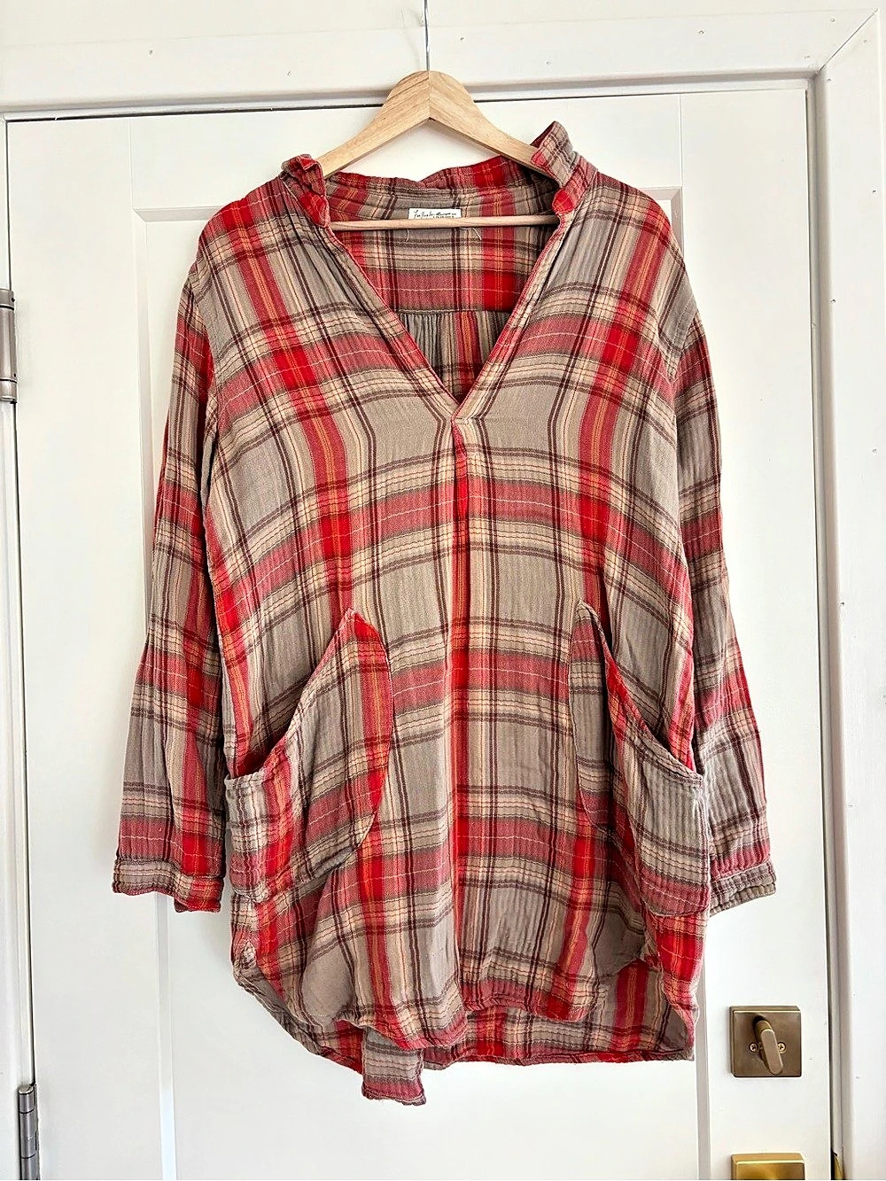Free People Plaid Cotton Tunic Red & Gray Size Small Like New